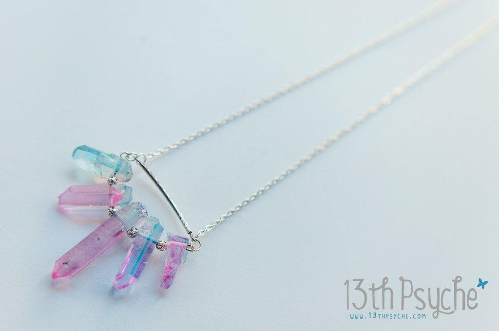 Handmade 5 raw quartz crystal point necklace - 13th Psyche