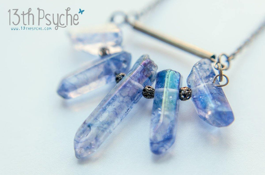 Handmade 5 raw quartz crystal point necklace - 13th Psyche