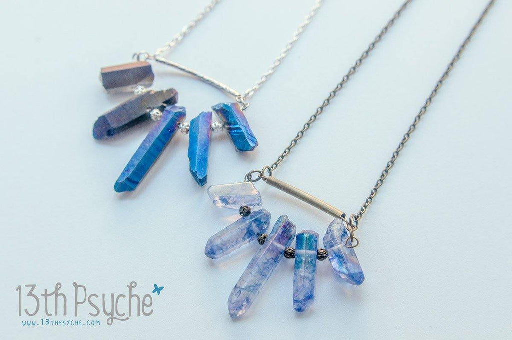 Handmade 5 raw quartz crystal point necklace - 13th Psyche