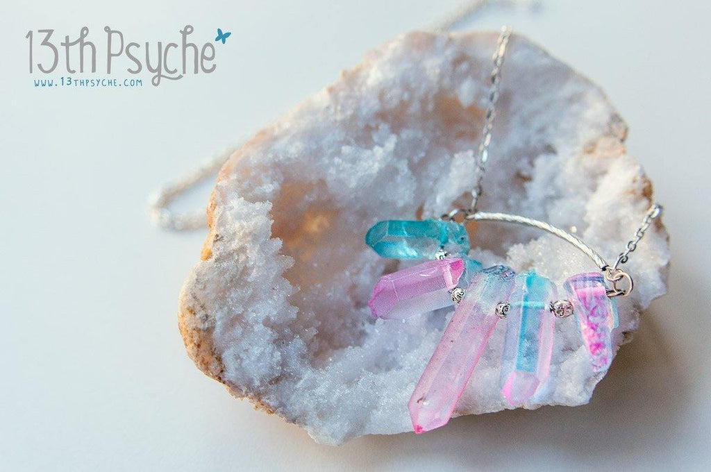 Handmade 5 raw quartz crystal point necklace - 13th Psyche