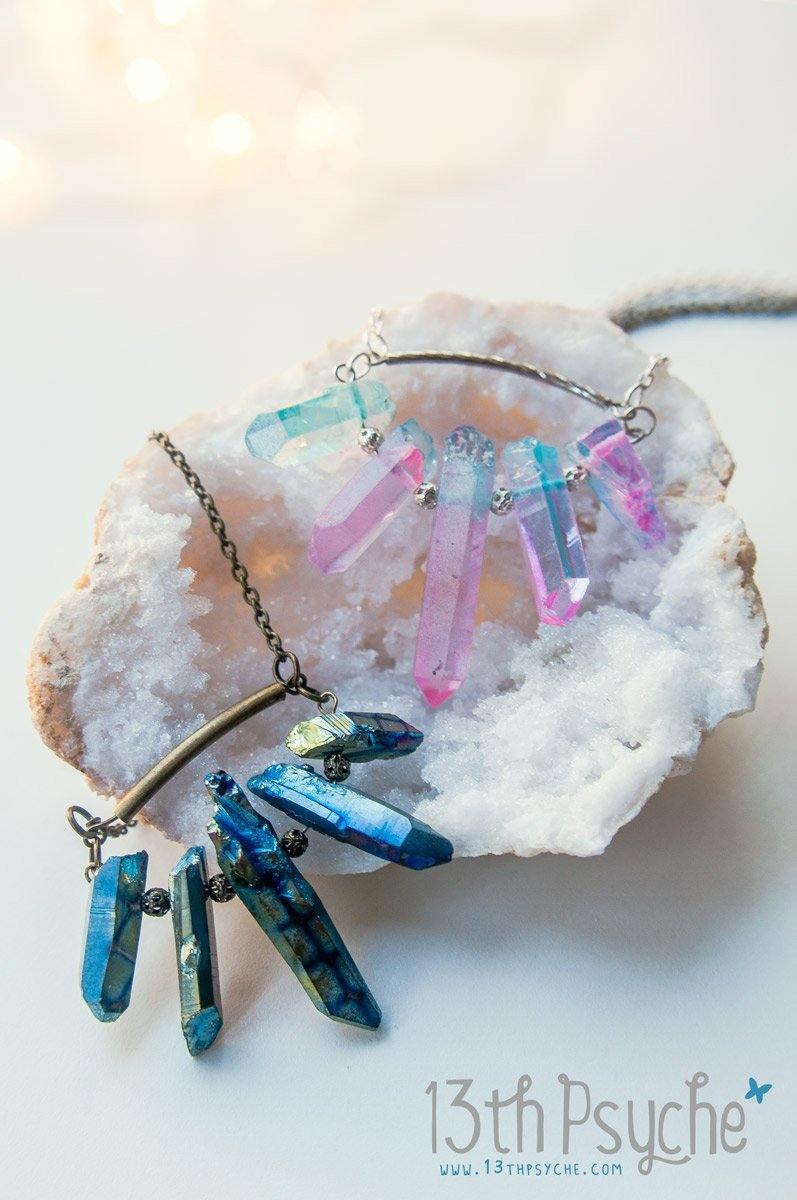 Handmade 5 raw quartz crystal point necklace - 13th Psyche