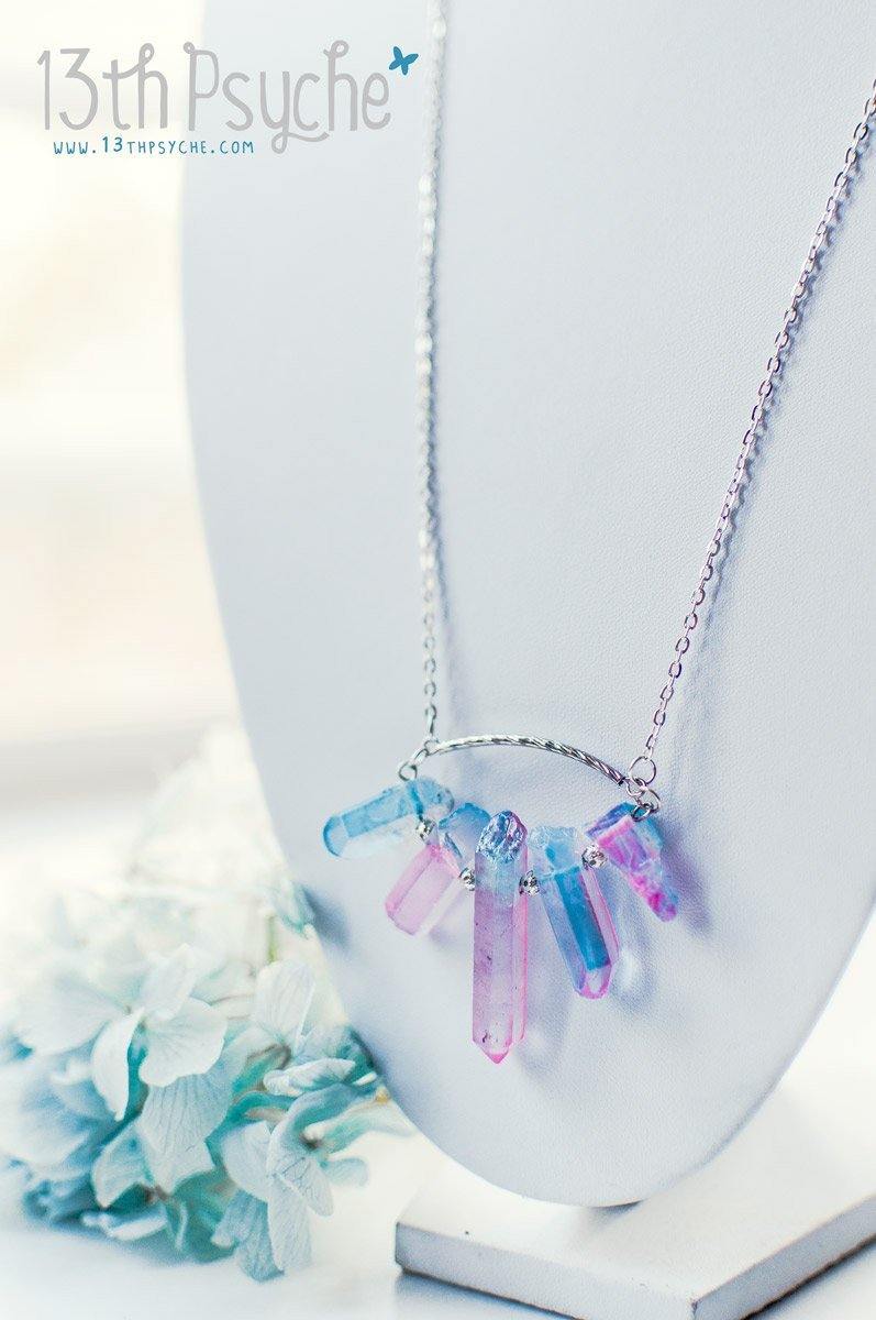 Handmade 5 raw quartz crystal point necklace - 13th Psyche