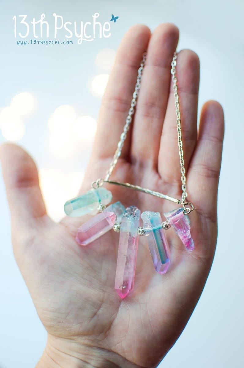 Handmade 5 raw quartz crystal point necklace - 13th Psyche