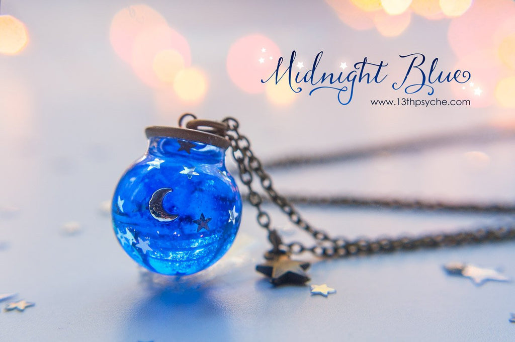 Handmade Moon and stars blue sphere necklace - 13th Psyche