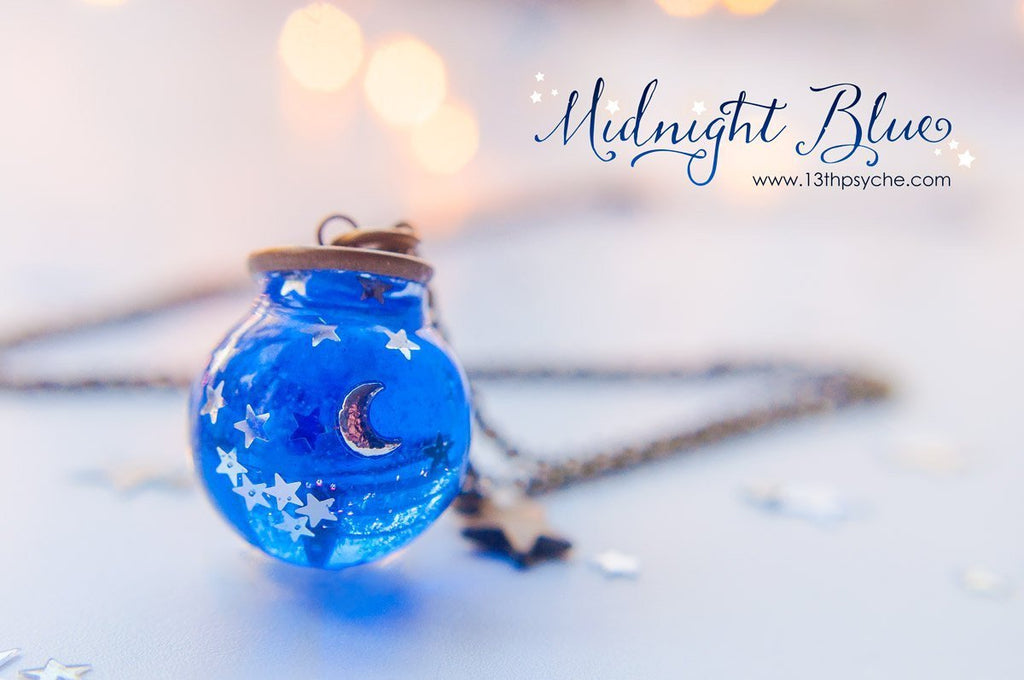 Handmade Moon and stars blue sphere necklace - 13th Psyche