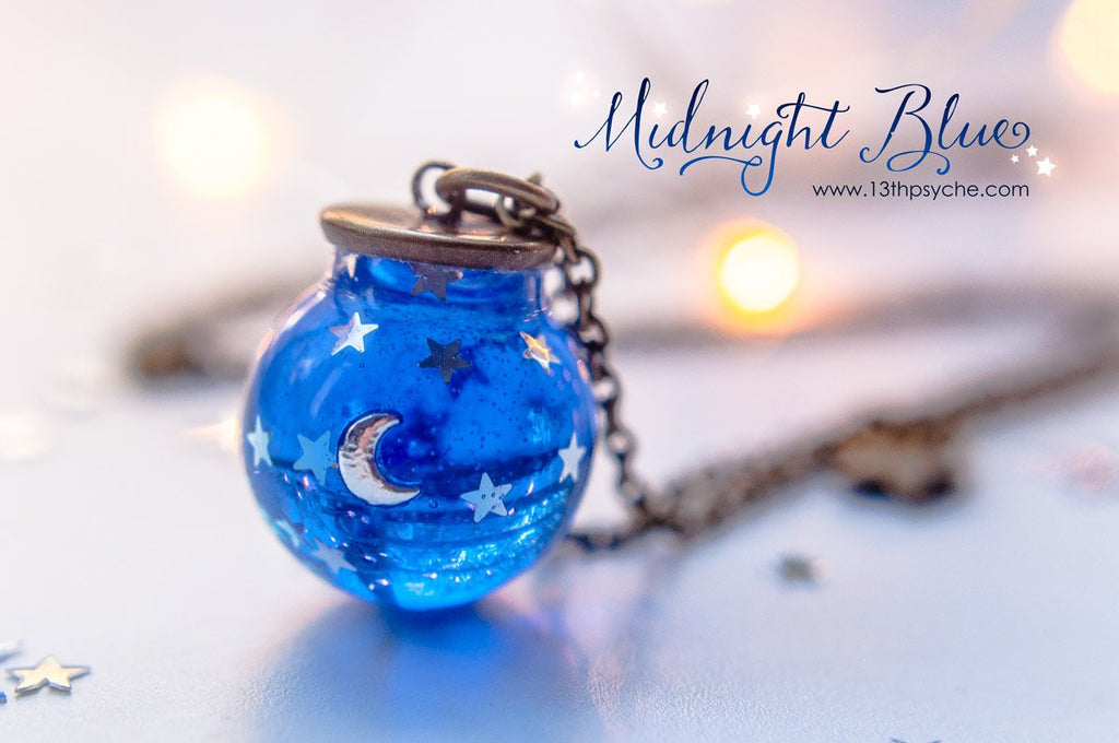 Handmade Moon and stars blue sphere necklace - 13th Psyche