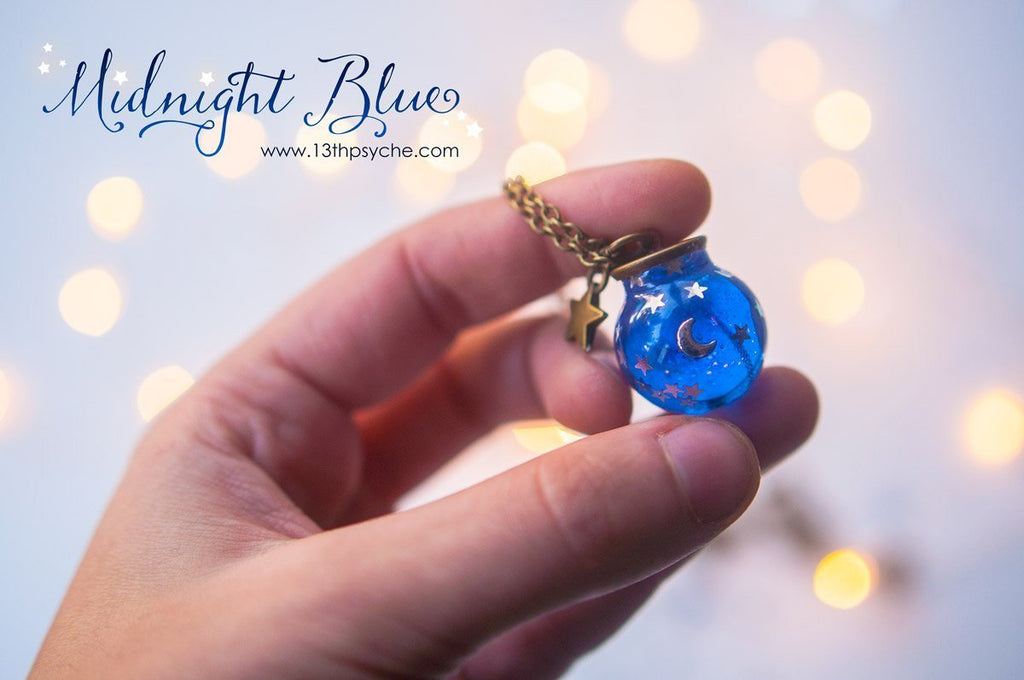 Handmade Moon and stars blue sphere necklace - 13th Psyche