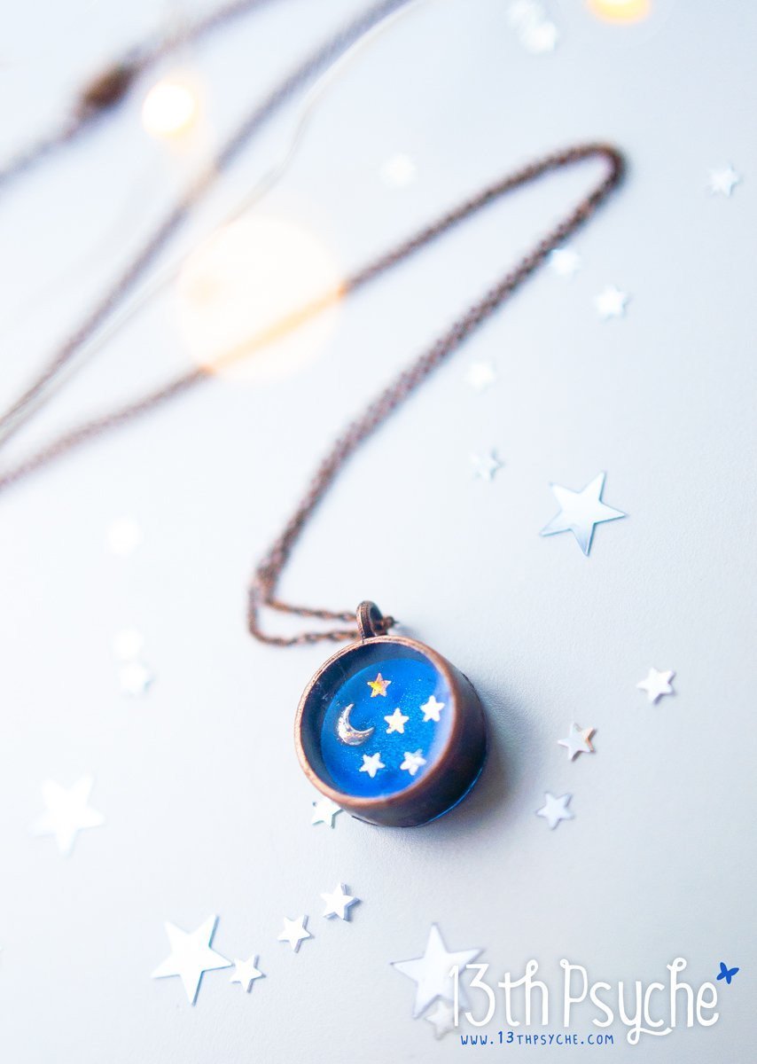 Handmade Little moon and stars resin cameo necklace - 13th Psyche