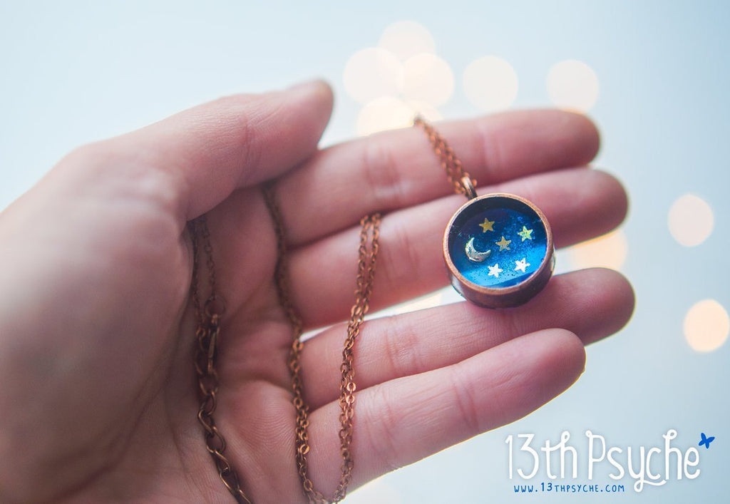 Handmade Little moon and stars resin cameo necklace - 13th Psyche