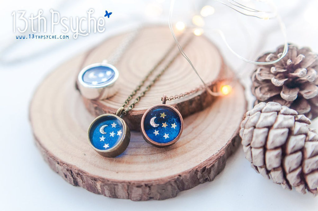 Handmade Little moon and stars resin cameo necklace - 13th Psyche