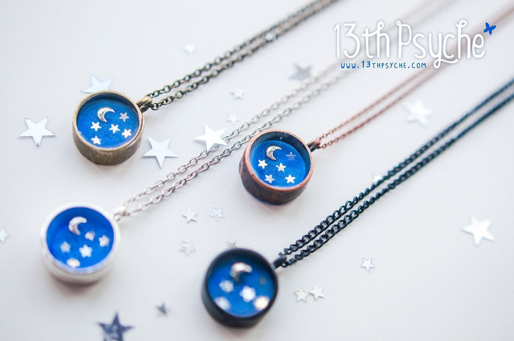 Handmade Little moon and stars resin cameo necklace - 13th Psyche