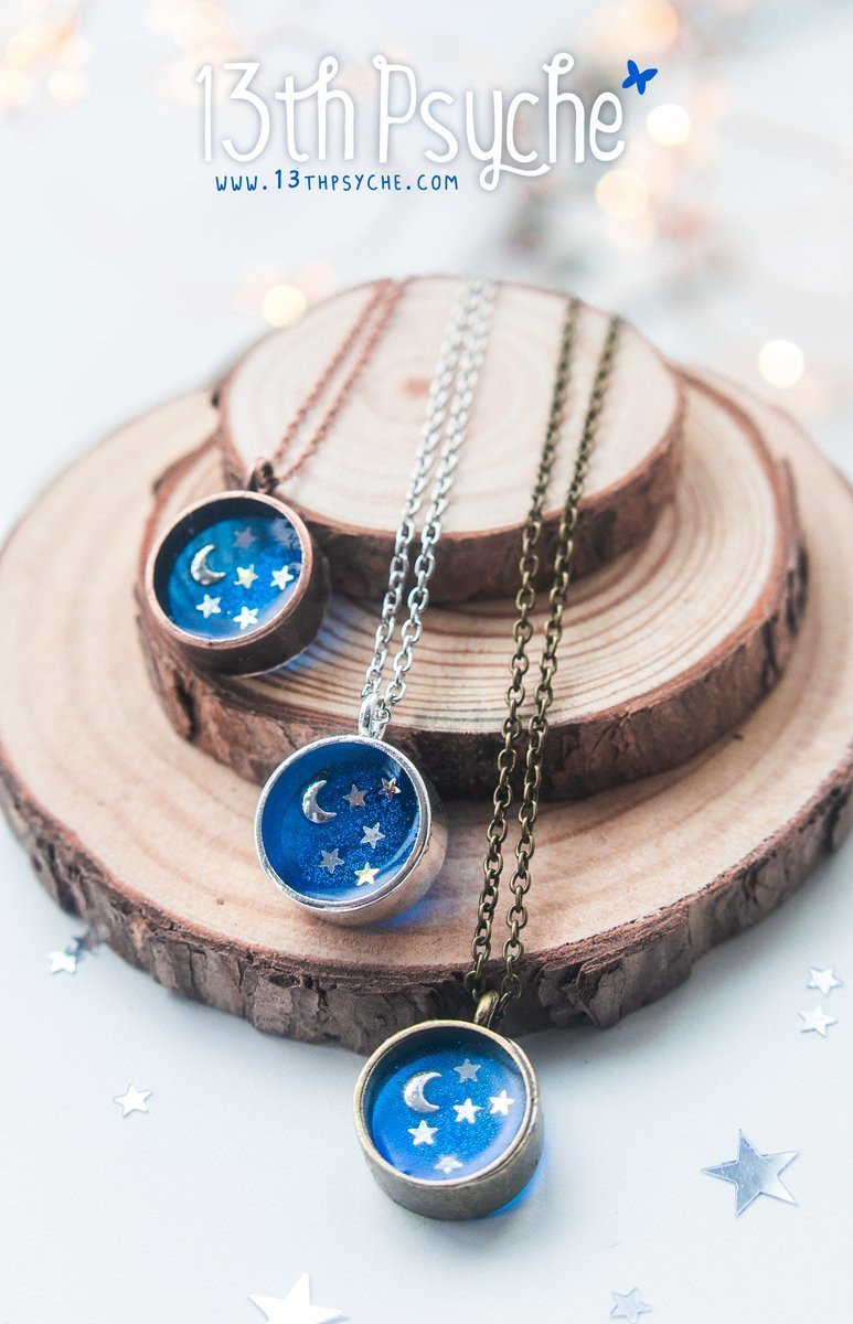 Handmade Little moon and stars resin cameo necklace - 13th Psyche