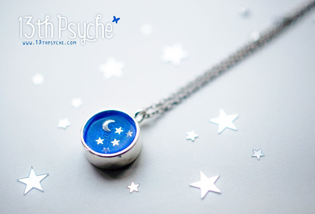 Handmade Little moon and stars resin cameo necklace - 13th Psyche