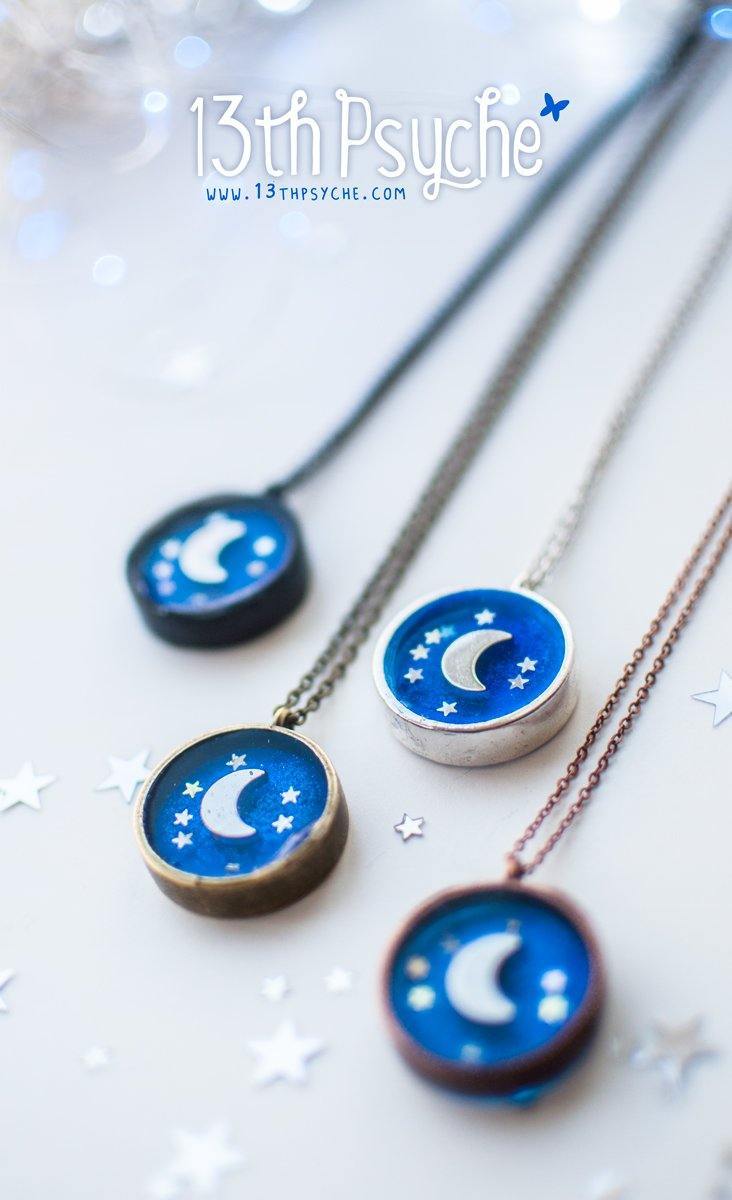 Handmade Crescent moon resin medalion pendant necklace - 13th Psyche