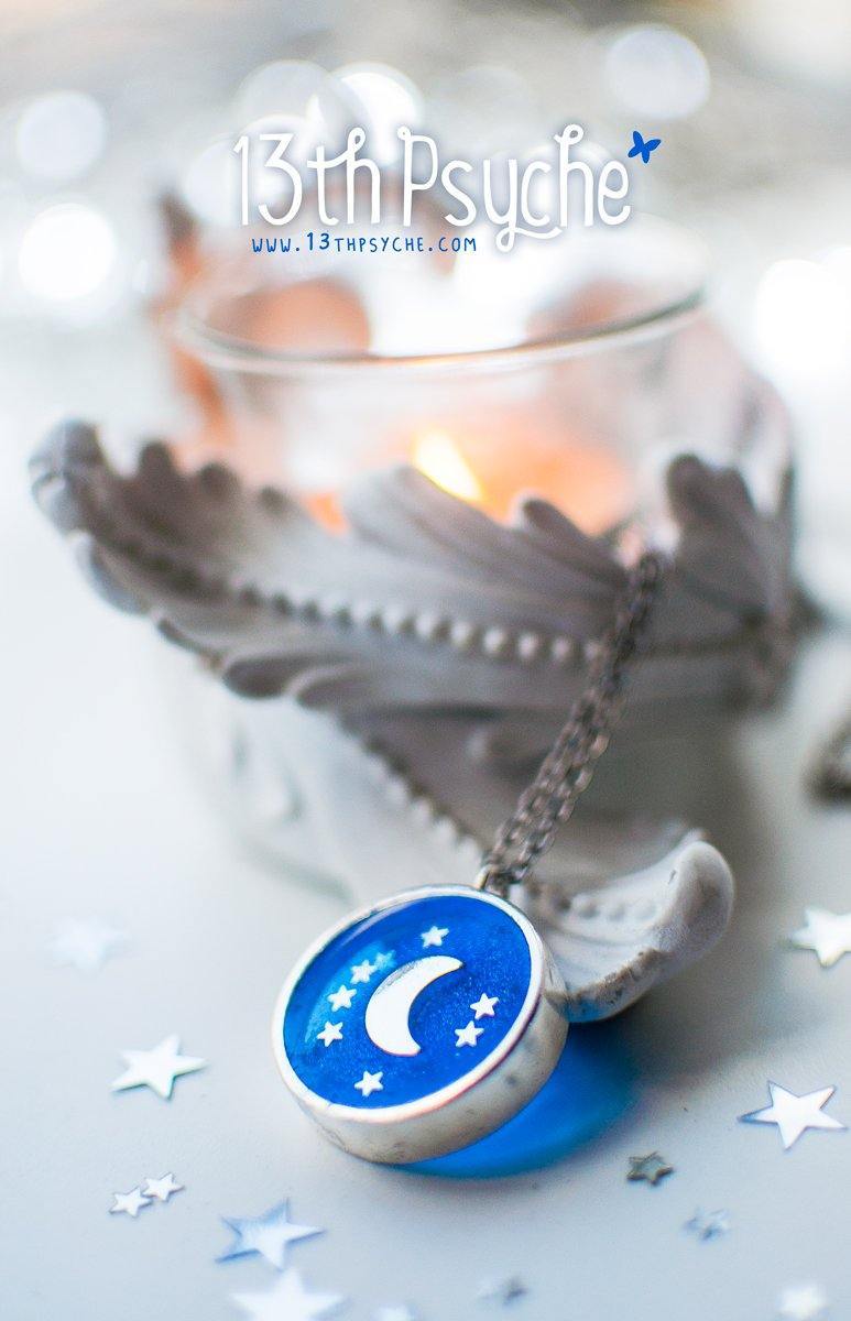 Handmade Crescent moon resin medalion pendant necklace - 13th Psyche