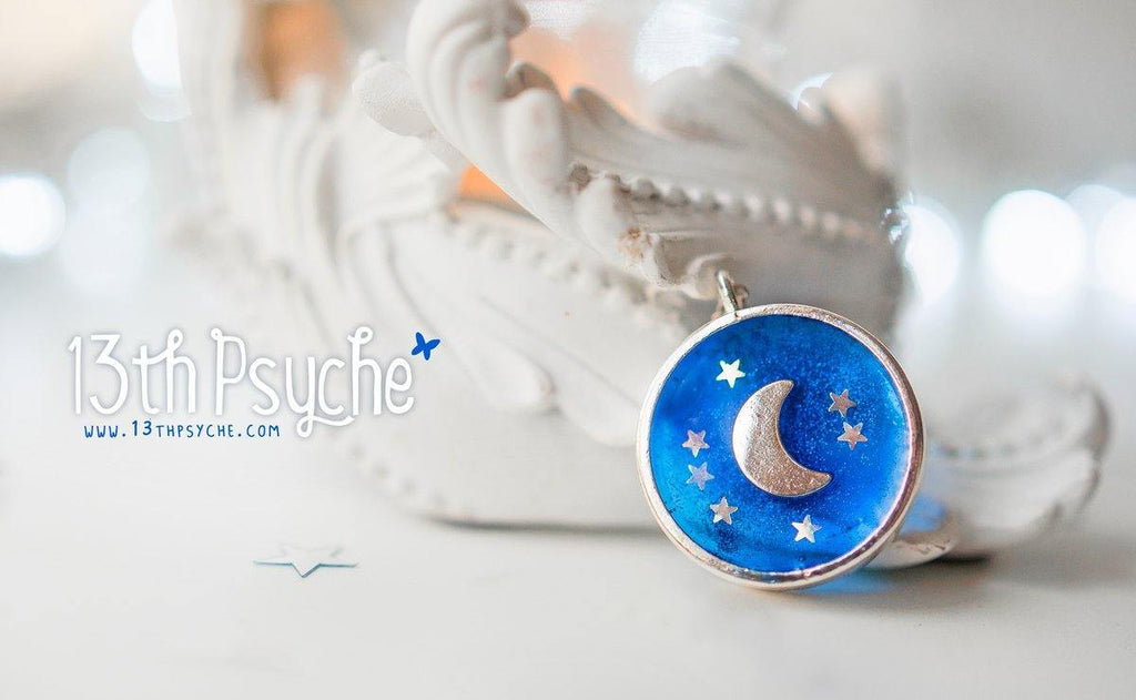Handmade Crescent moon resin medalion pendant necklace - 13th Psyche