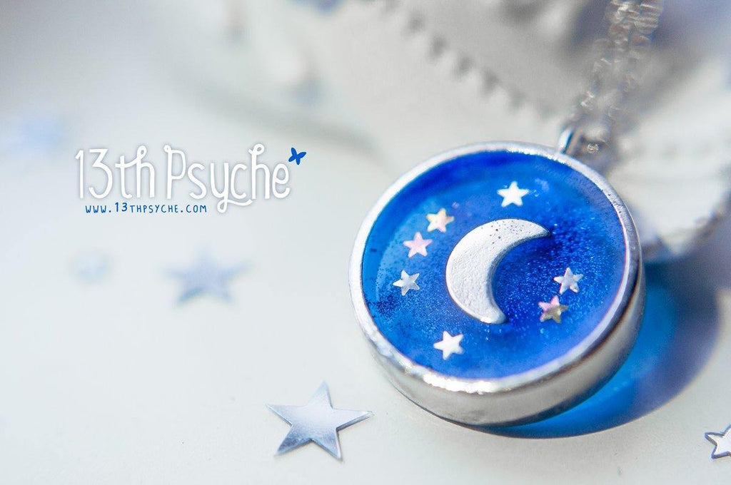 Handmade Crescent moon resin medalion pendant necklace - 13th Psyche