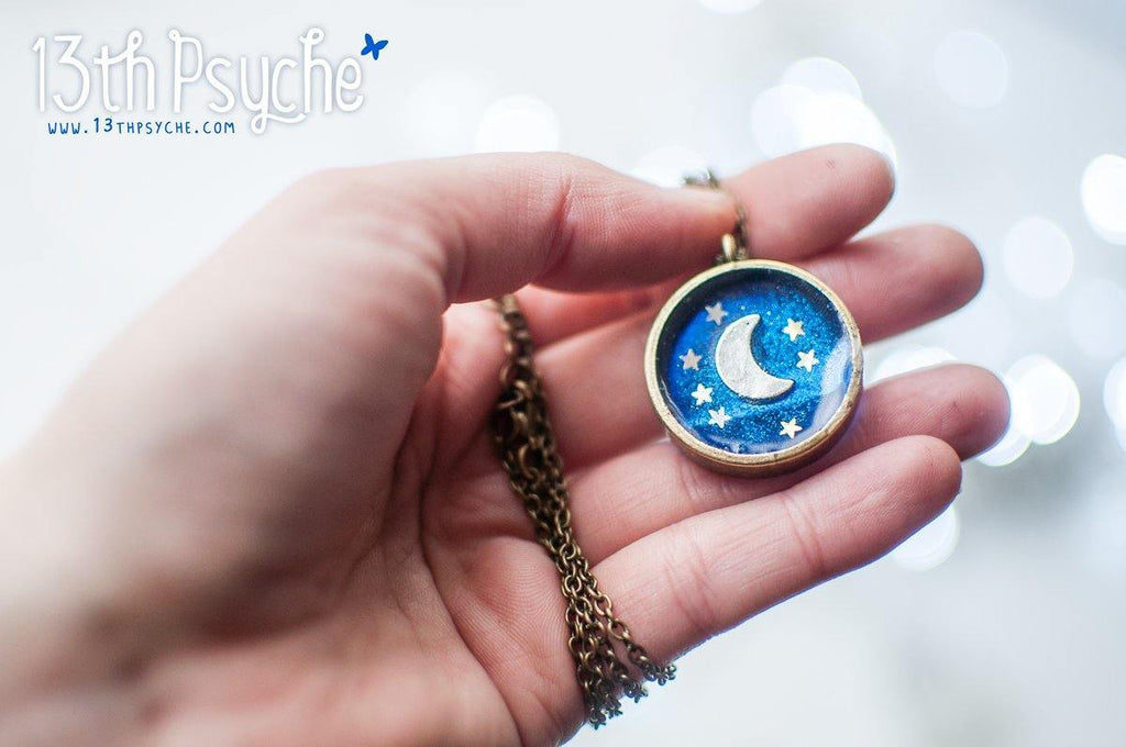 Handmade Crescent moon resin medalion pendant necklace - 13th Psyche