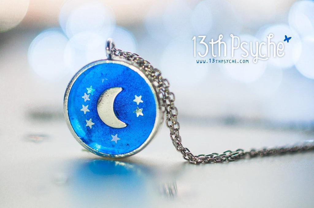 Handmade Crescent moon resin medalion pendant necklace - 13th Psyche