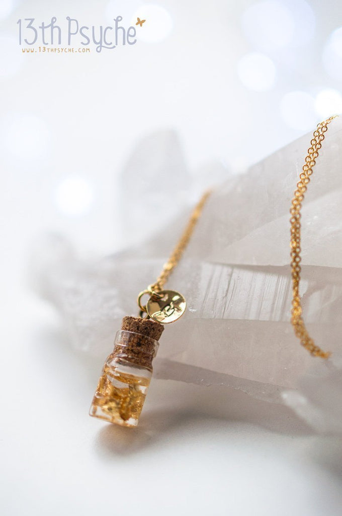 Handmade Personalized gold leaf bottle necklace with stamped initial - 13th Psyche