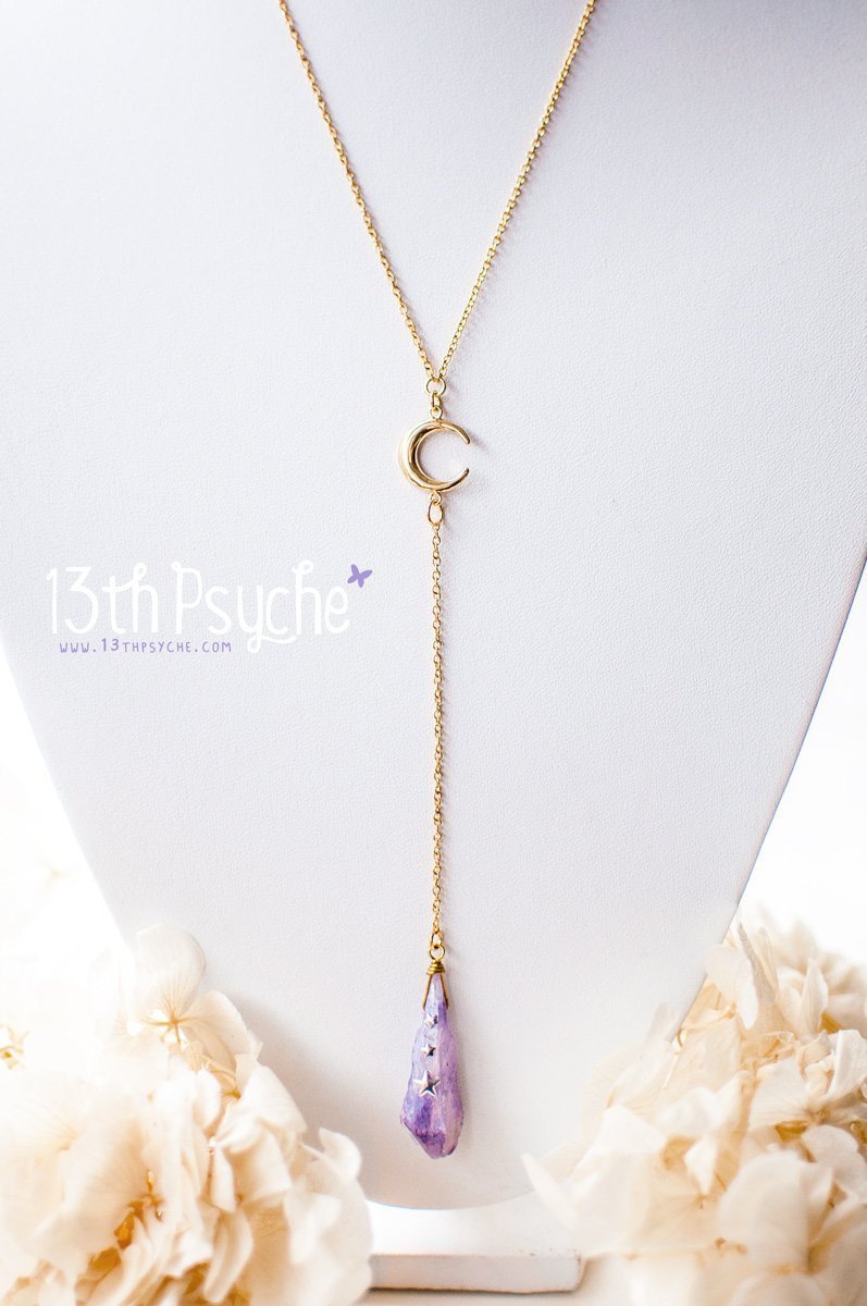 Handmade Purple raw stone and moon lariat necklace - 13th Psyche