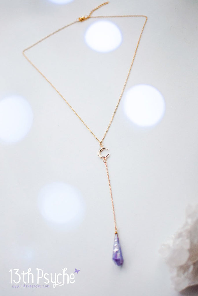 Handmade Purple raw stone and moon lariat necklace - 13th Psyche