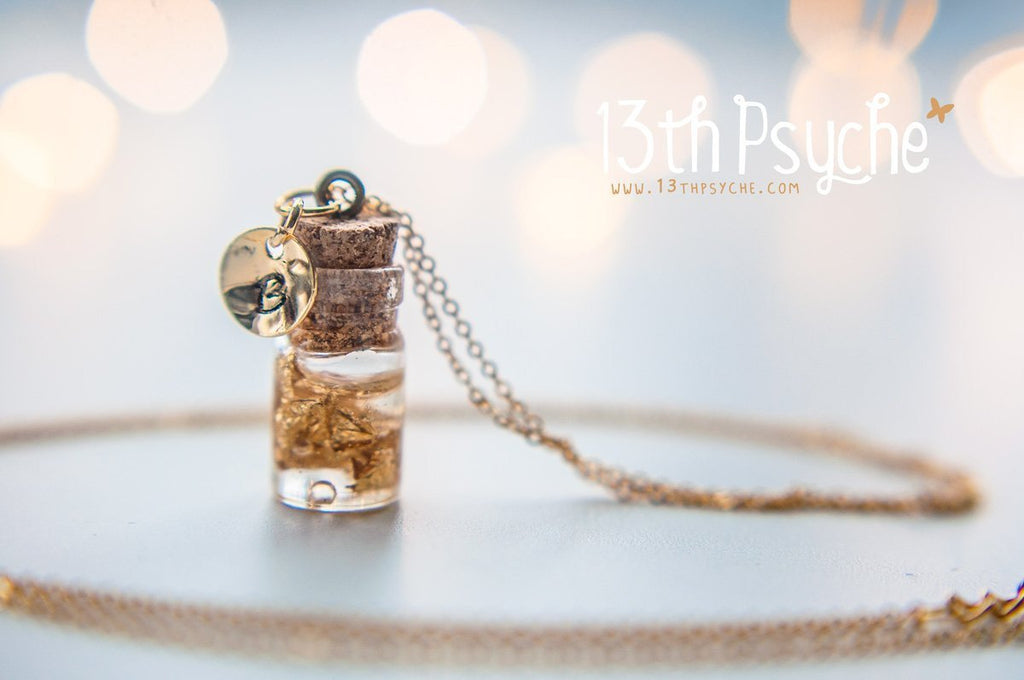 Handmade Personalized gold leaf bottle necklace with stamped initial - 13th Psyche
