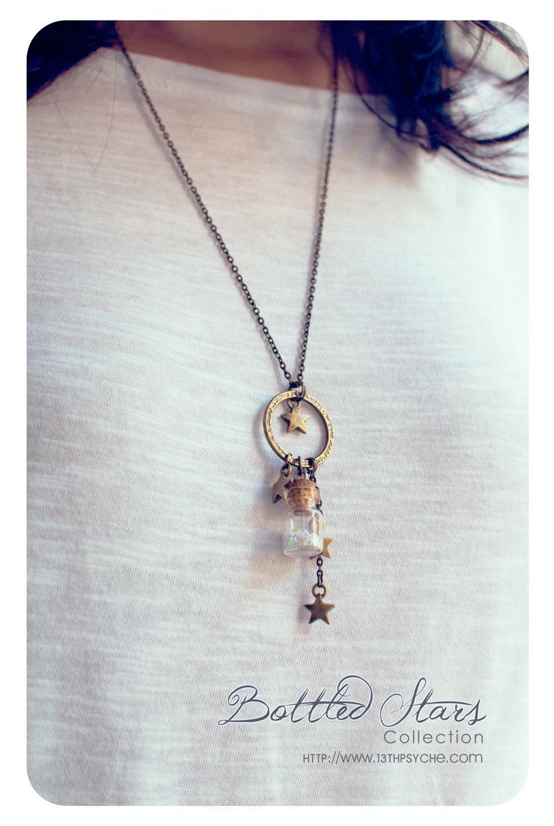 Handmade Tiny stars glass bottle pendant necklace - 13th Psyche