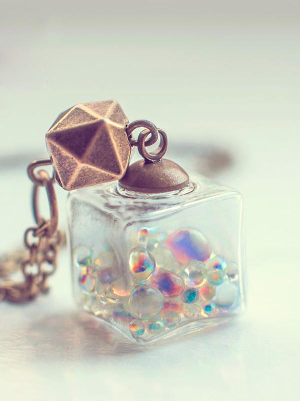 Handmade Iridescent bubbles glass cube pendant necklace - 13th Psyche