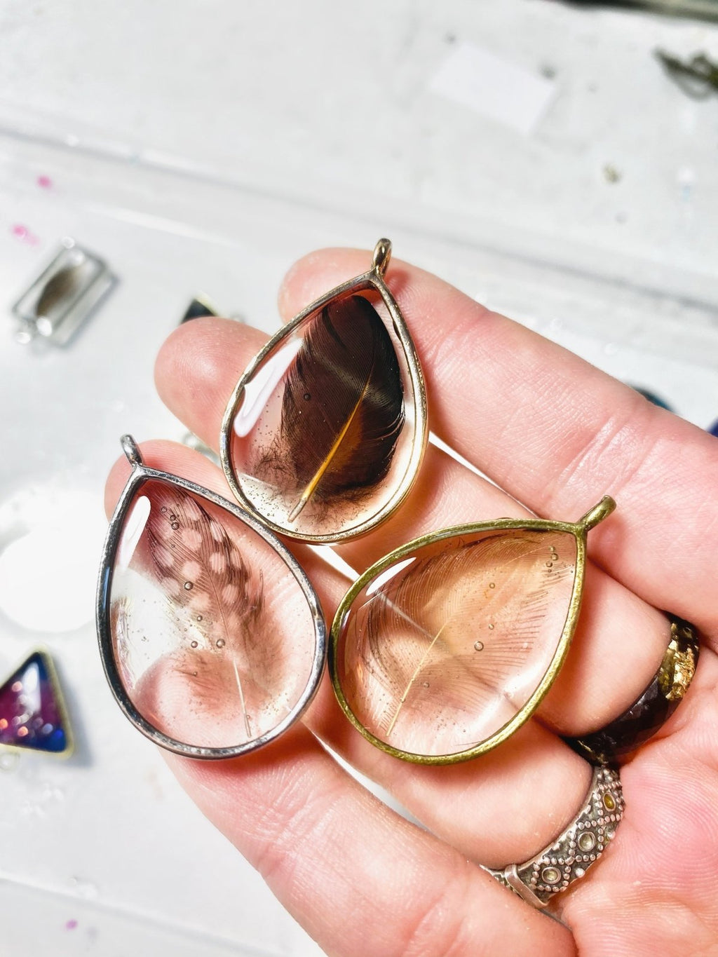 Handmade Drop shaped resin pendant with real feather necklace - 13th Psyche