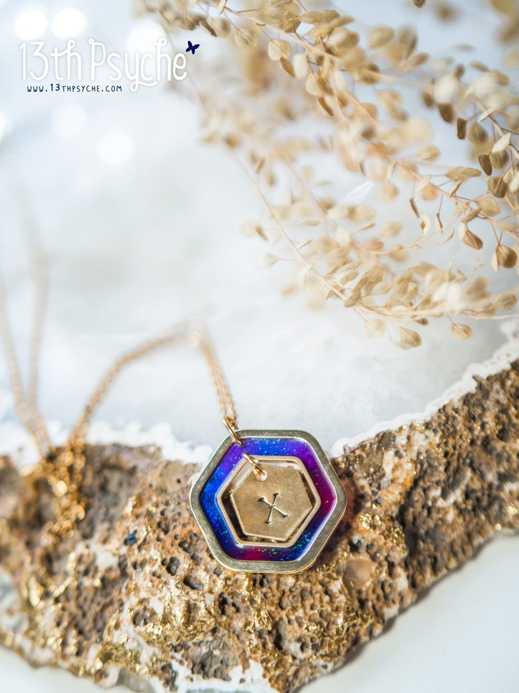 Handmade Personalized resin hexagon initial pendant necklace - 13th Psyche