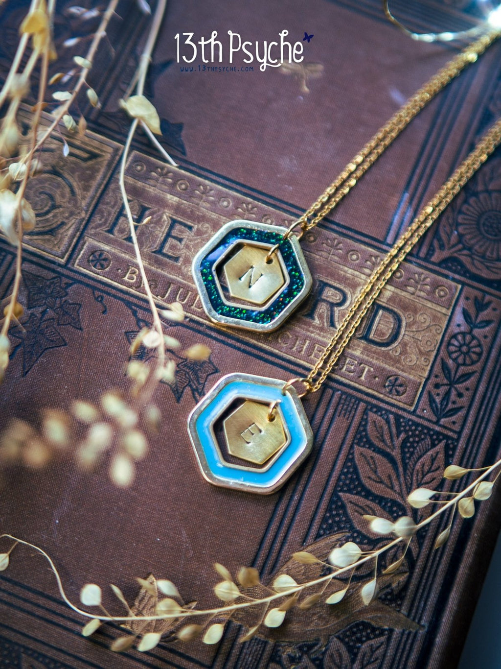 Handmade Personalized resin hexagon initial pendant necklace - 13th Psyche