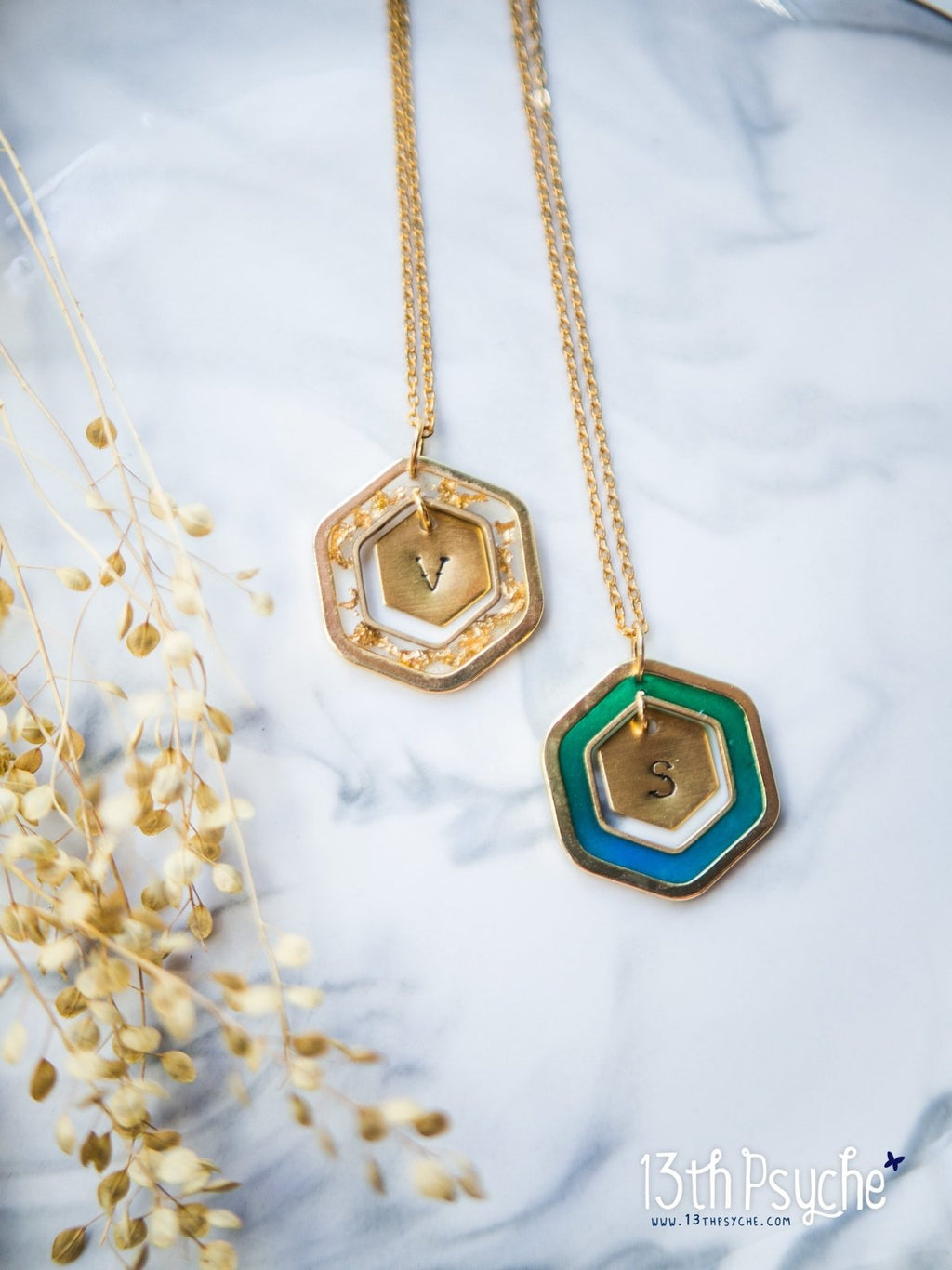 Handmade Personalized resin hexagon initial pendant necklace - 13th Psyche