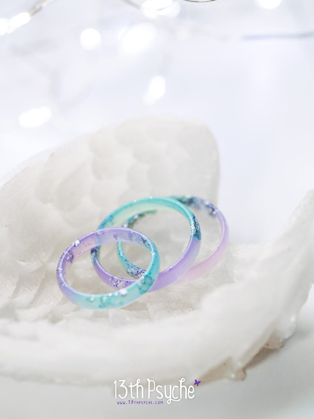Handmade Lilac and turquoise resin ring with silver flakes - 13th Psyche