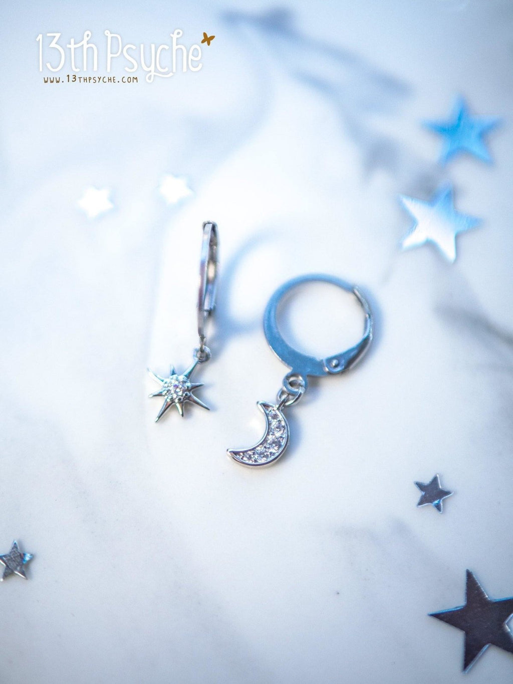 Handmade Cubic Zirconia moon and star silver huggie hoop earrings - 13th Psyche