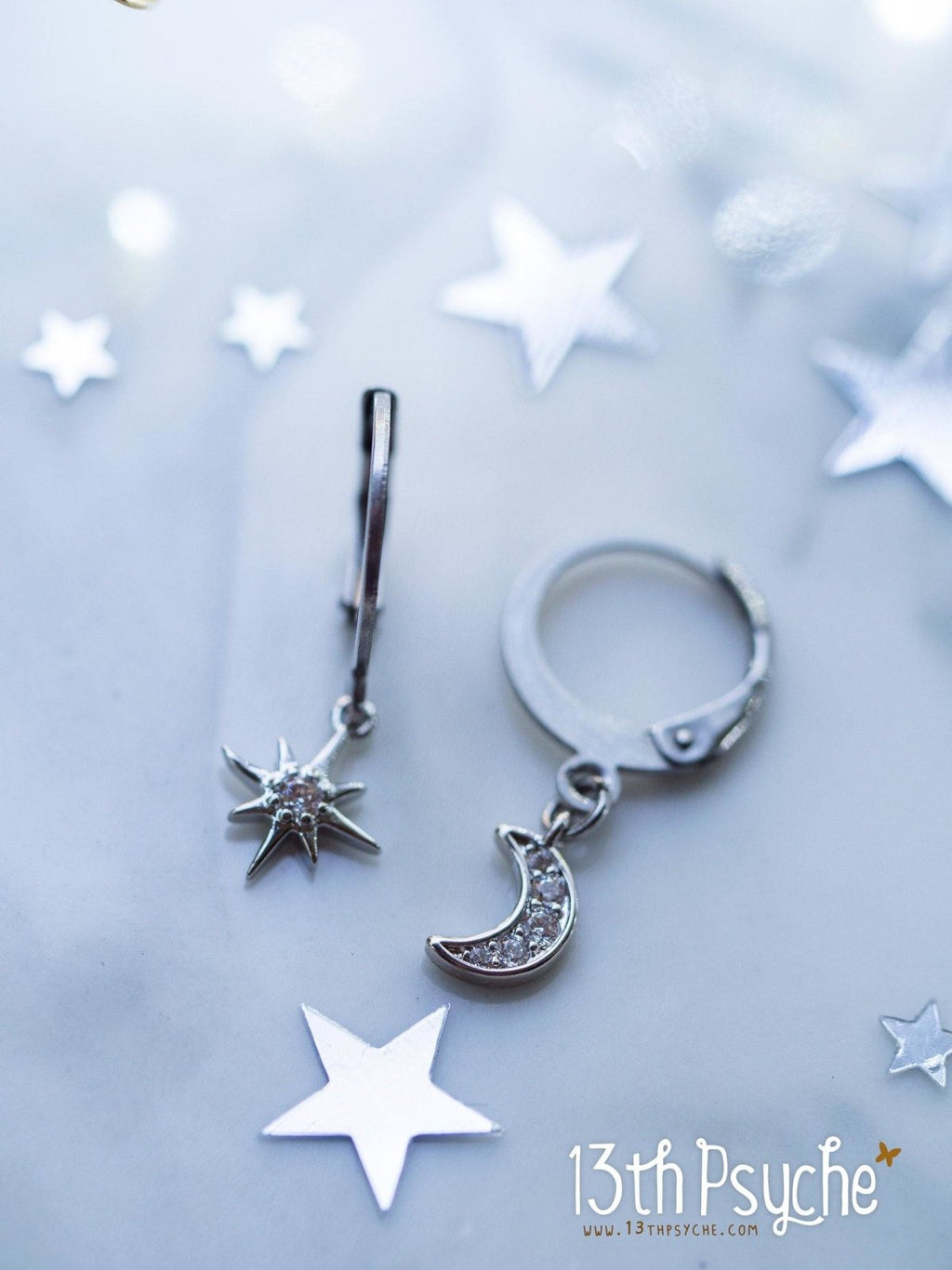 Handmade Cubic Zirconia moon and star silver huggie hoop earrings - 13th Psyche