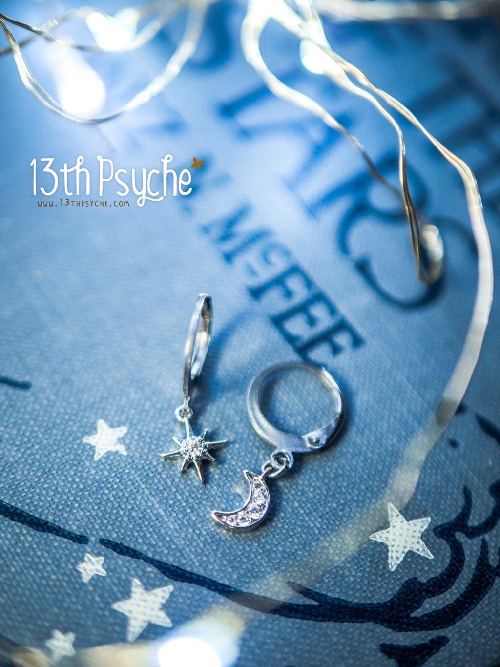 Handmade Cubic Zirconia moon and star silver huggie hoop earrings - 13th Psyche