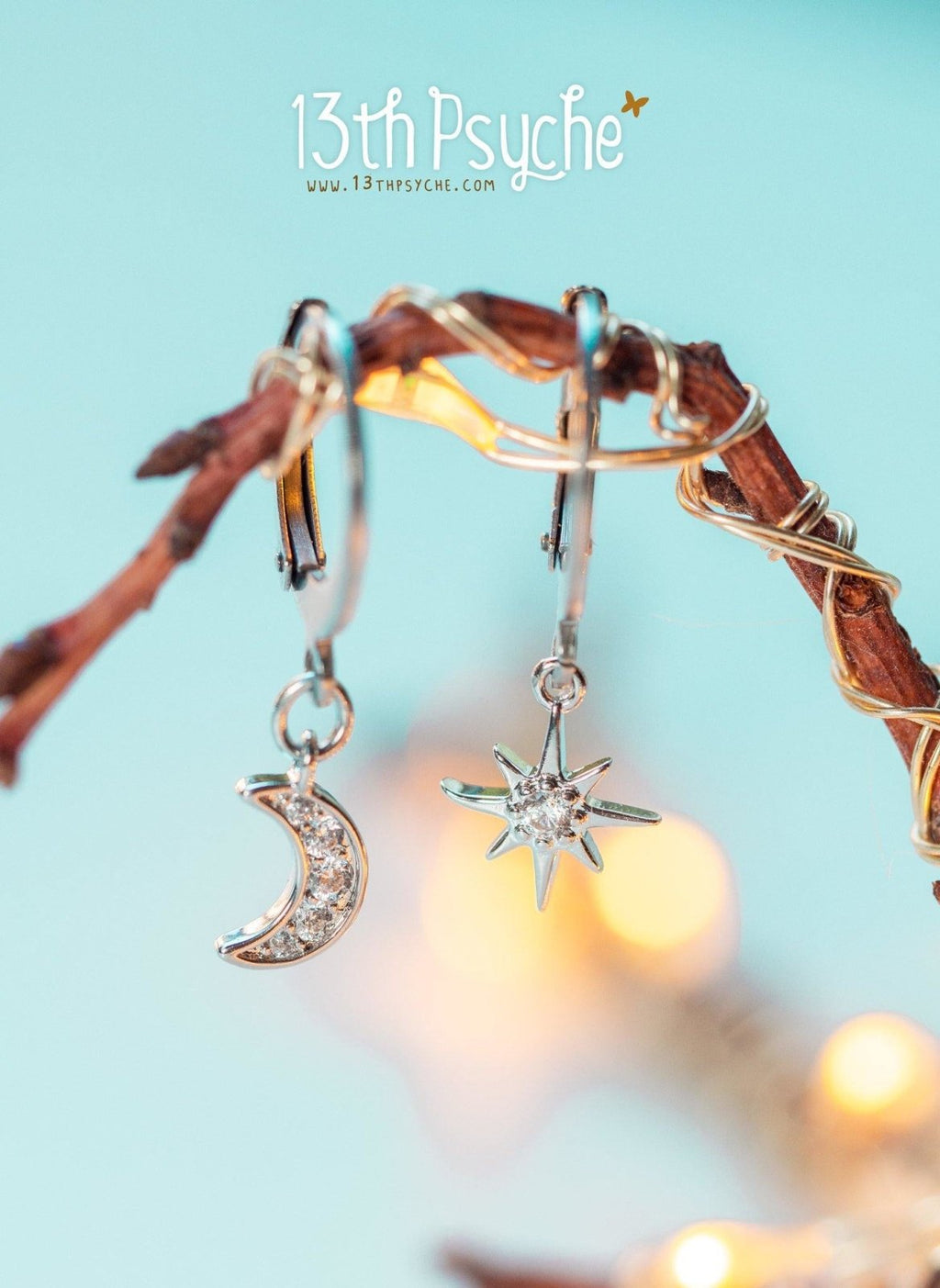 Handmade Cubic Zirconia moon and star silver huggie hoop earrings - 13th Psyche