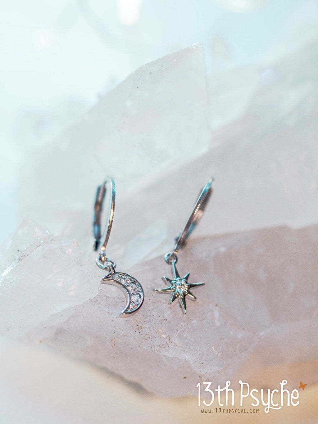 Handmade Cubic Zirconia moon and star silver huggie hoop earrings - 13th Psyche