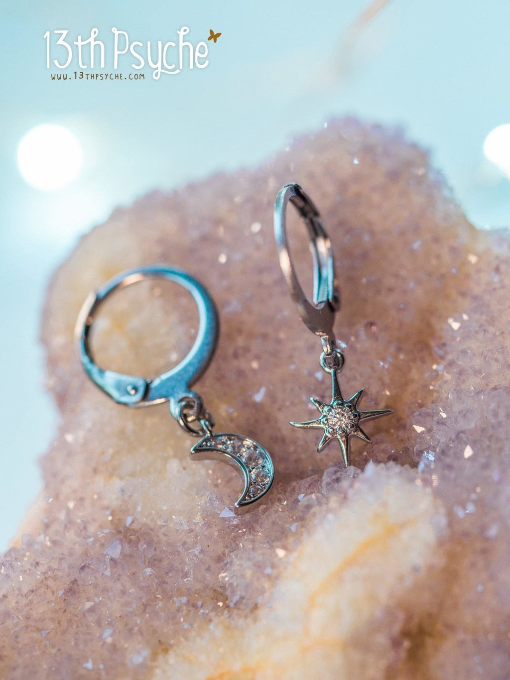 Handmade Cubic Zirconia moon and star silver huggie hoop earrings - 13th Psyche