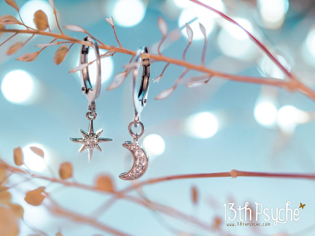 Handmade Cubic Zirconia moon and star silver huggie hoop earrings - 13th Psyche