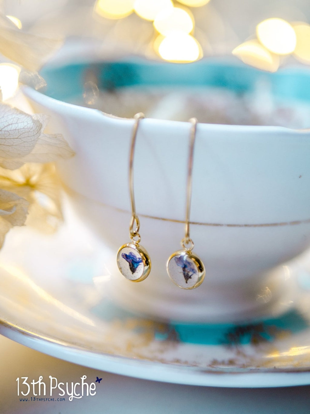 Handmade Forget me not pressed flower stainless steel earrings - 13th Psyche