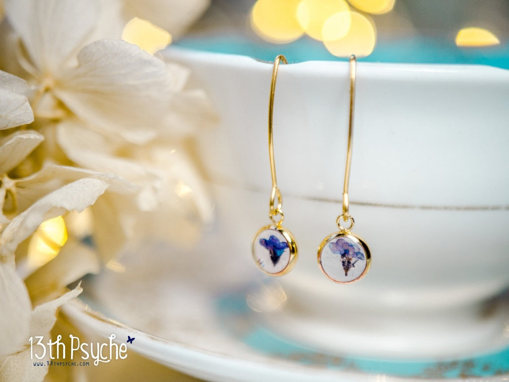 Handmade Forget me not pressed flower stainless steel earrings - 13th Psyche