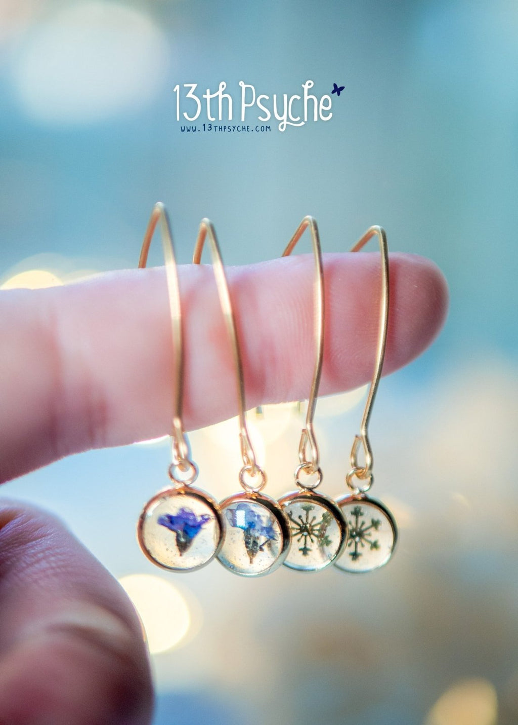 Handmade Forget me not pressed flower stainless steel earrings - 13th Psyche