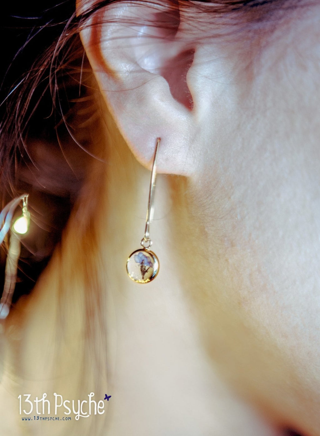 Handmade Forget me not pressed flower stainless steel earrings - 13th Psyche