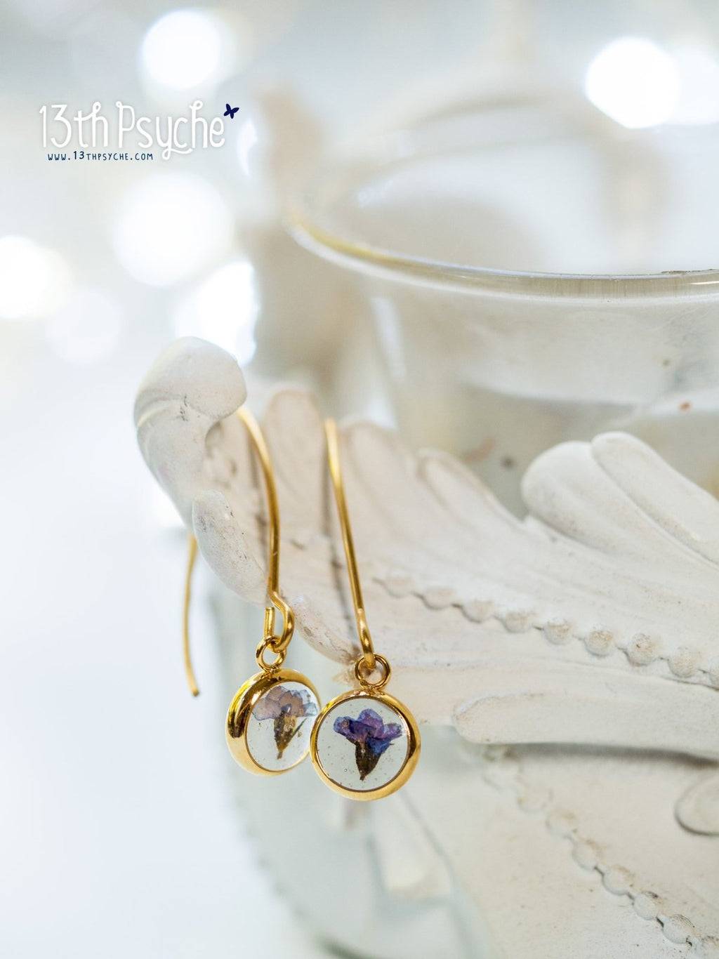 Handmade Forget me not pressed flower stainless steel earrings - 13th Psyche