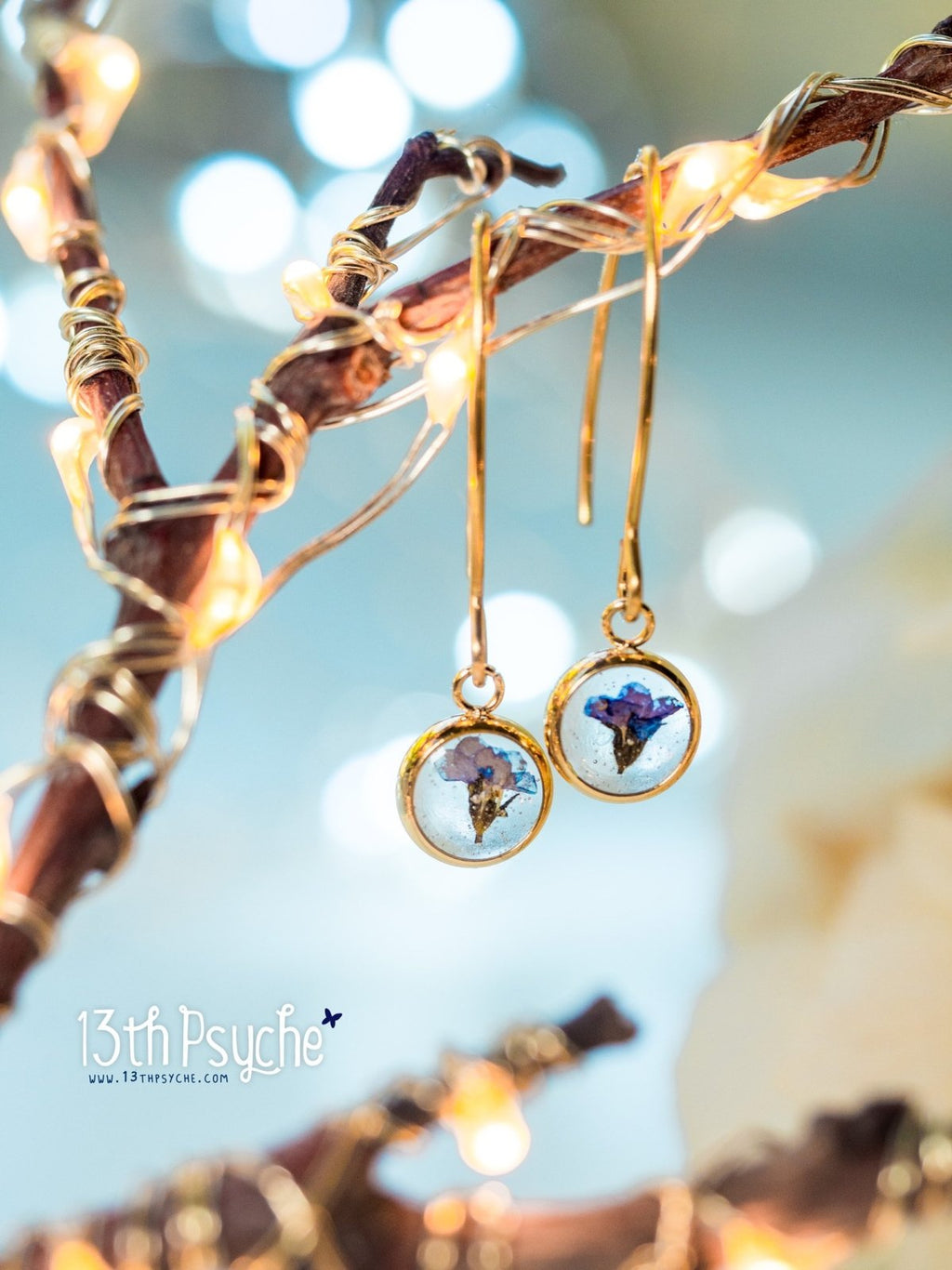 Handmade Forget me not pressed flower stainless steel earrings - 13th Psyche