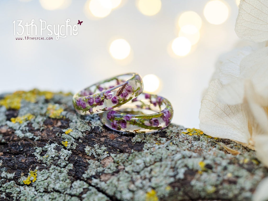 Handmade Dried pink heather flower resin ring - 13th Psyche