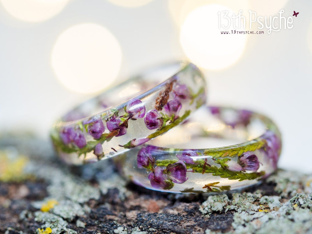 Handmade Dried pink heather flower resin ring - 13th Psyche