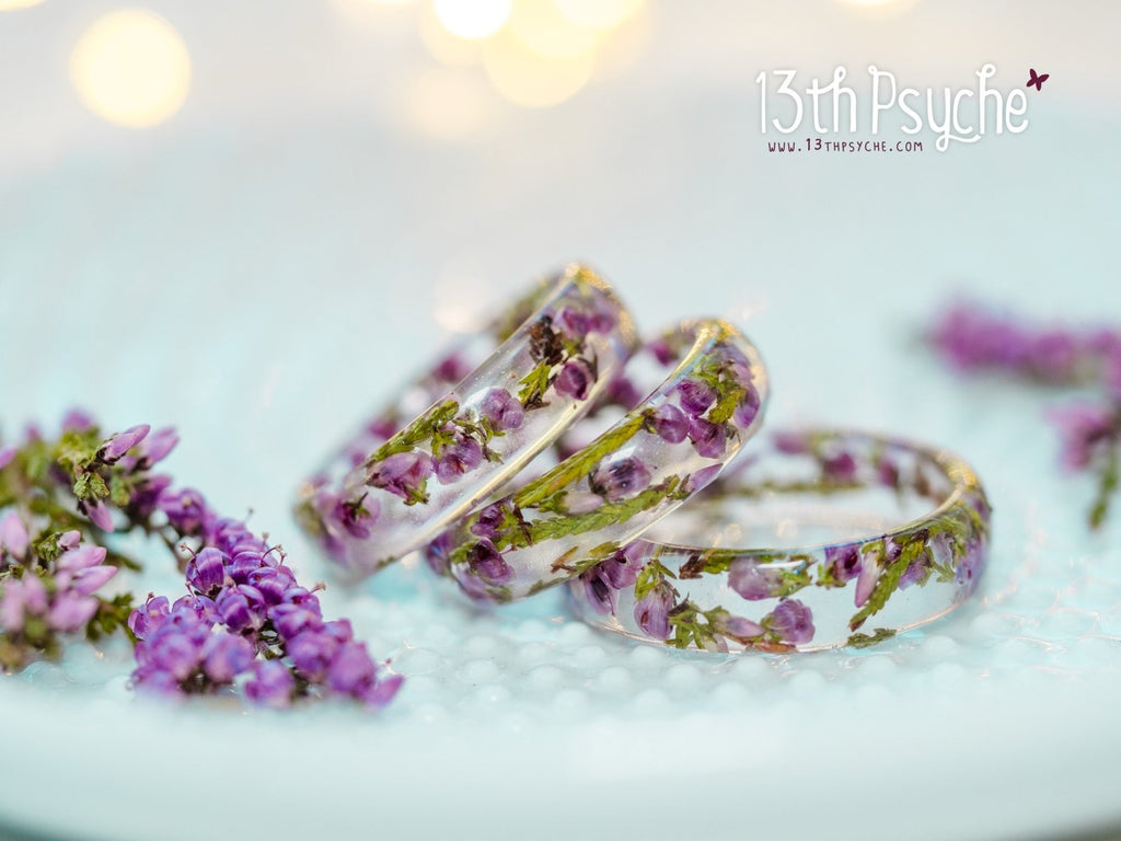 Handmade Dried pink heather flower resin ring - 13th Psyche